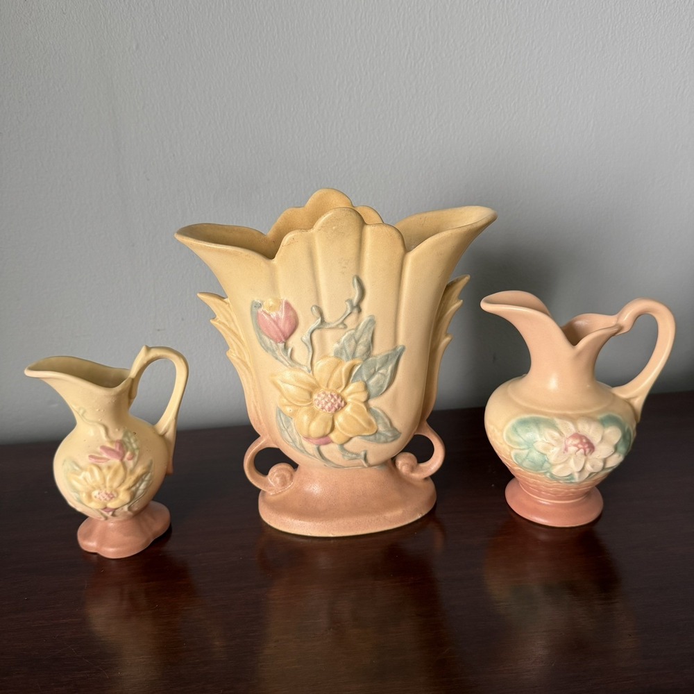 Vintage Vase Hull Art Pottery Magnolia Yellow & Pink USA Vase And 2 Pitchers Set